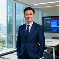 深圳某科技公司副总裁王先生的职业肖像照，身着深蓝西装，背景为现代化办公室，神态自信从容。